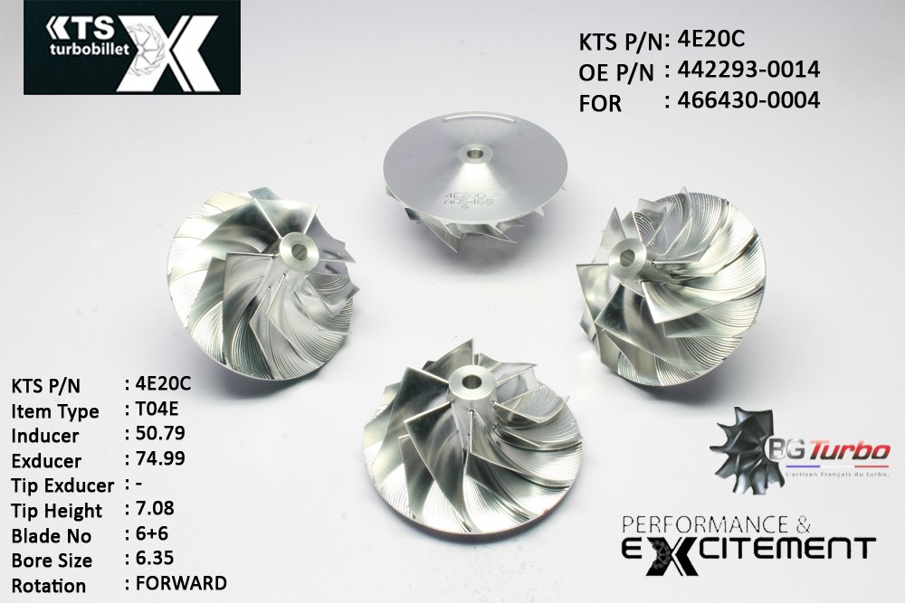 Turbo ROUE FORGÉE MFS PERFORMANCE - 6+6 PALES - INDUCER : 50,788 - EXDUCER : 74,99 - TYPE : T04EANGLE : 50° - ROTATION : Forward - SUPER BACK : 4,96 - BORE SIZE : 6,35
